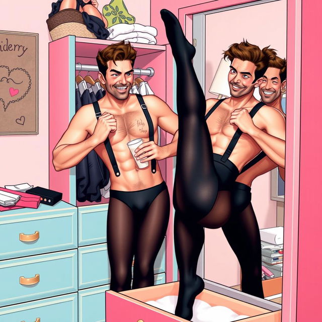 A playful scene featuring Barry, a male character, as he rummages through Juliet's lingerie drawer, initially searching for panties and a bra