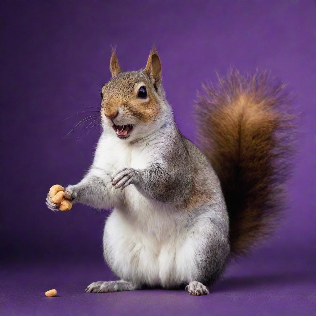 A playful squirrel stuffing its cheeks with peanuts, joyously represented against a radiant deep purple background.