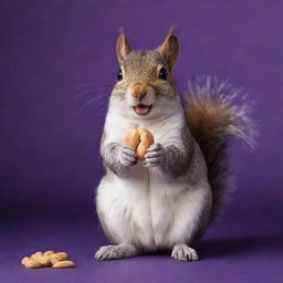 A playful squirrel stuffing its cheeks with peanuts, joyously represented against a radiant deep purple background.