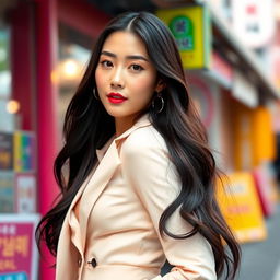 A vibrant portrait of a fashionable Korean woman with an elegant style, showcasing her confidence and charm, featuring long dark hair, and wearing a stylish outfit that highlights her figure