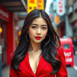 A vibrant portrait of a fashionable Korean woman with an elegant style, showcasing her confidence and charm, featuring long dark hair, and wearing a stylish outfit that highlights her figure