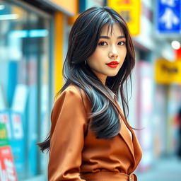 A vibrant portrait of a fashionable Korean woman with an elegant style, showcasing her confidence and charm, featuring long dark hair, and wearing a stylish outfit that highlights her figure