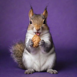 A playful squirrel stuffing its cheeks with peanuts, joyously represented against a radiant deep purple background.