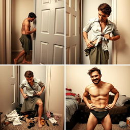 A realistic four-panel photo story featuring Alex in a private moment of transformation