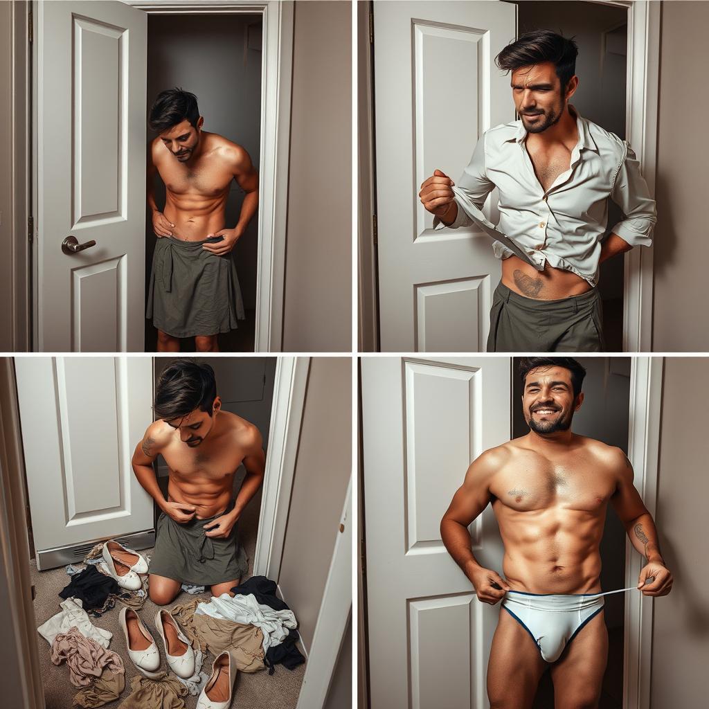 A realistic four-panel photo story featuring Alex in a private moment of transformation