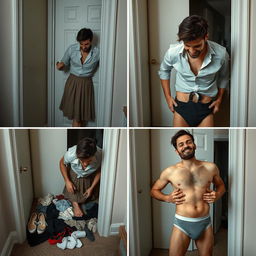 A realistic four-panel photo story featuring Alex in a private moment of transformation