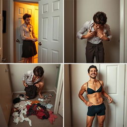 A realistic four-panel photo story featuring Alex in a private moment of transformation