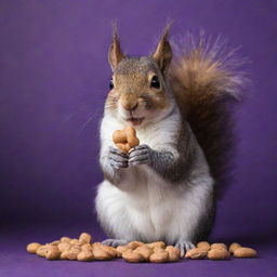 A playful squirrel stuffing its cheeks with peanuts, joyously represented against a radiant deep purple background.