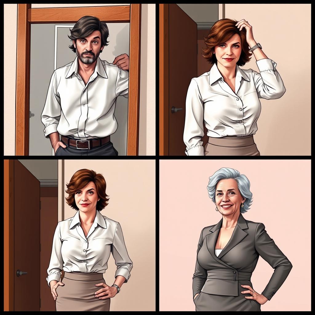 A four-panel story showcasing Alex's transformation from a rugged man to a convincing, attractive middle-aged businesswoman