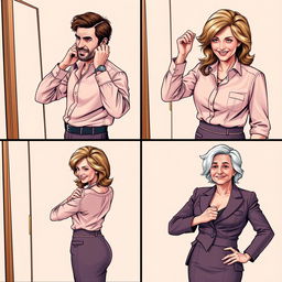 A four-panel story showcasing Alex's transformation from a rugged man to a convincing, attractive middle-aged businesswoman