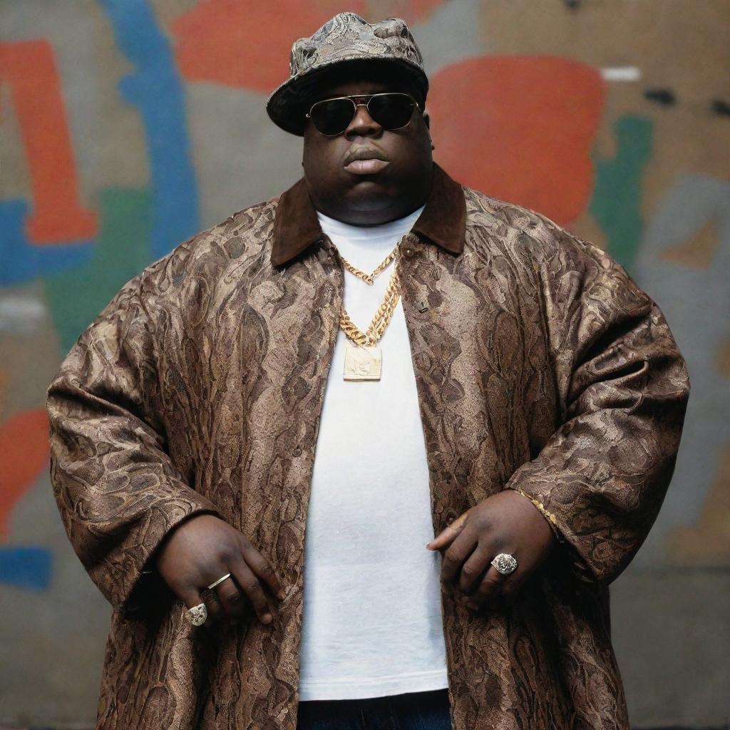 Modern day depiction of Notorious BIG, a prominent hip-hop artist from the 90s, depicted in today's fashion and environment.