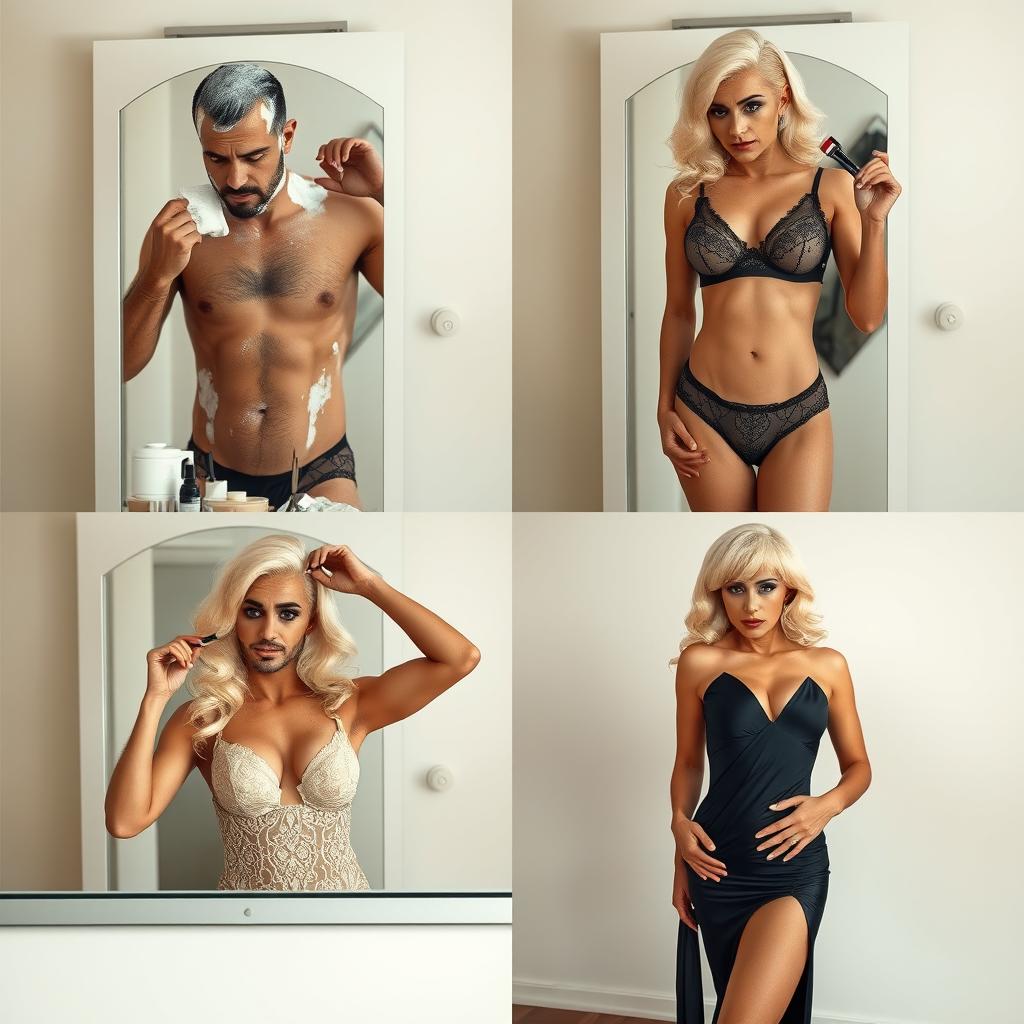 A four-panel story presented through realistic photos, showcasing the transformation of a rugged man into a gorgeous woman