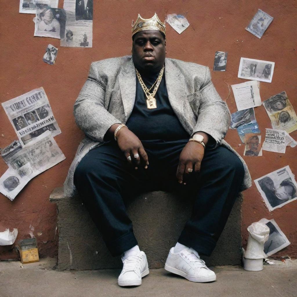 Modern day depiction of Notorious BIG, a prominent hip-hop artist from the 90s, depicted in today's fashion and environment.