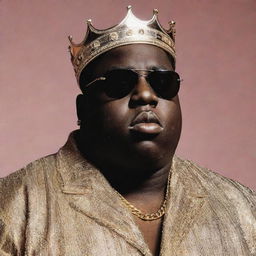 Modern day depiction of Notorious BIG, a prominent hip-hop artist from the 90s, depicted in today's fashion and environment.