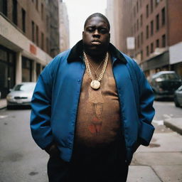 Modern day depiction of Notorious BIG, a prominent hip-hop artist from the 90s, depicted in today's fashion and environment.