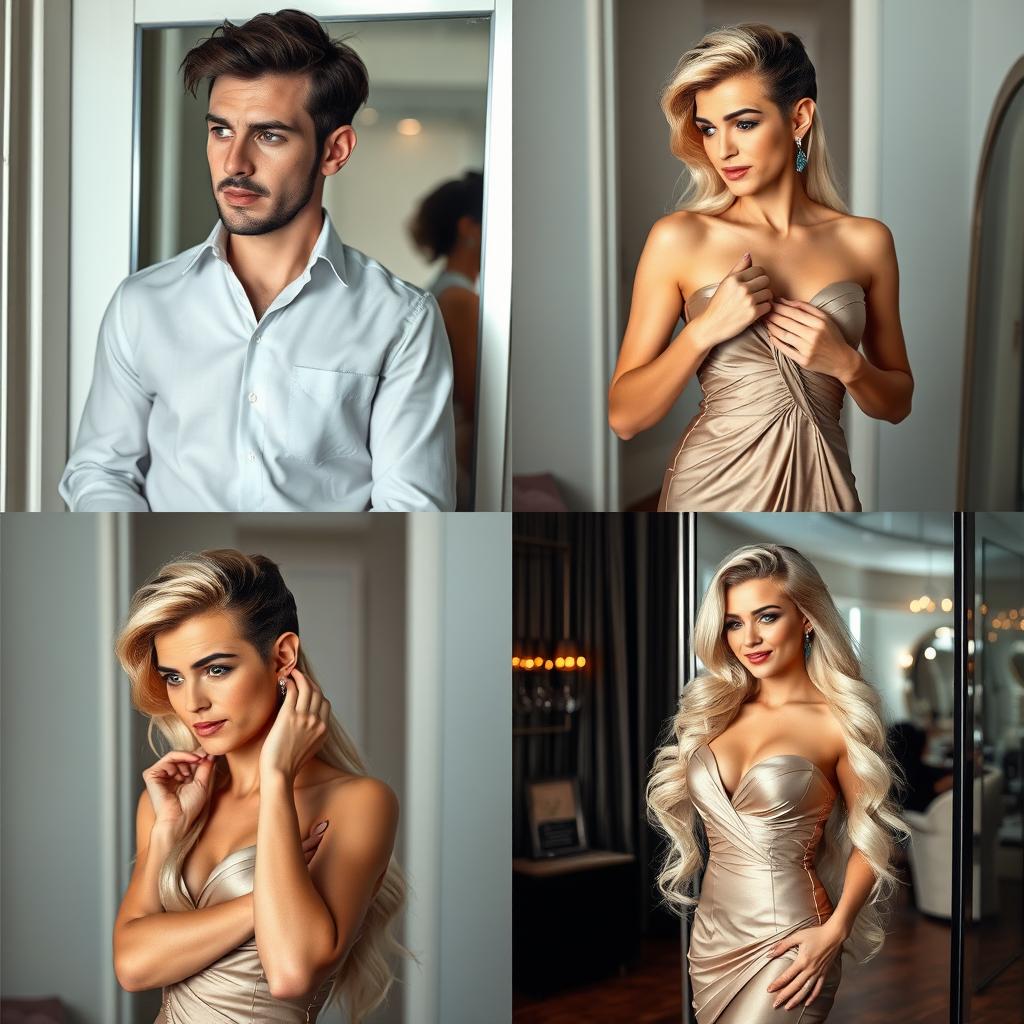 A four-panel story depicted through realistic photos illustrating the transformation of a crossdressing man into a stunning woman