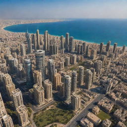 A transformation of the Beirut cityscape harmoniously merging with the distinct characteristics of Dubai, incorporating towering skyscrapers, extravagant architecture, and luxurious lifestyle elements.