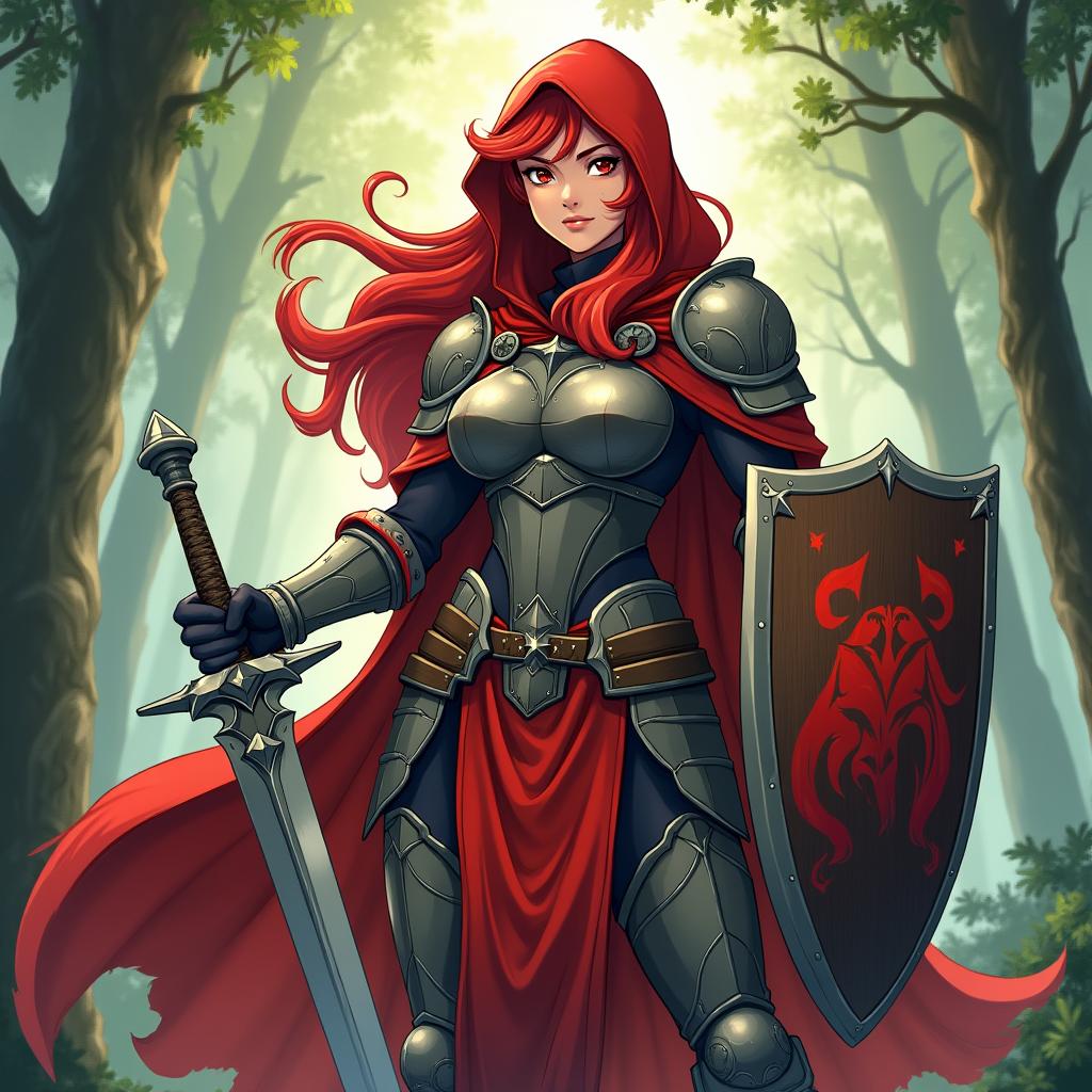 An anime-style illustration of Little Red Riding Hood reimagined as a big and very buff D&D fighter