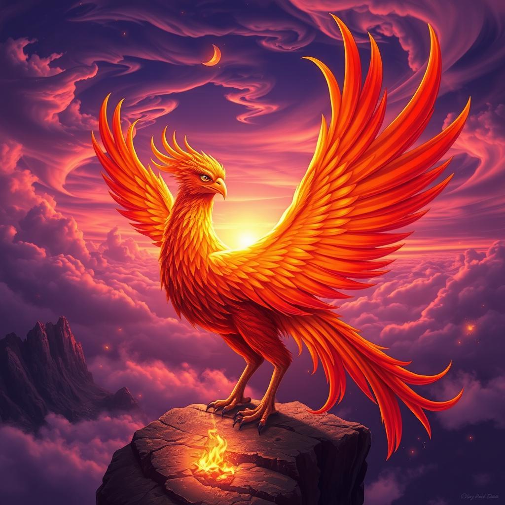 A stunning female phoenix with vibrant, fiery feathers in shades of orange, red, and gold, radiating warmth and life