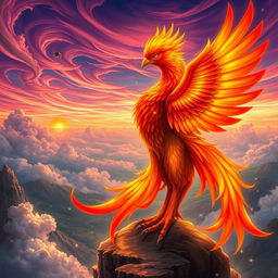 A stunning female phoenix with vibrant, fiery feathers in shades of orange, red, and gold, radiating warmth and life