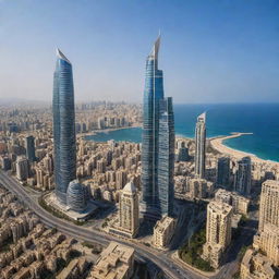 A transformation of the Beirut cityscape harmoniously merging with the distinct characteristics of Dubai, incorporating towering skyscrapers, extravagant architecture, and luxurious lifestyle elements.