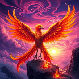 A stunning female phoenix with vibrant, fiery feathers in shades of orange, red, and gold, radiating warmth and life