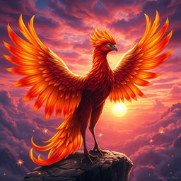 A stunning female phoenix with vibrant, fiery feathers in shades of orange, red, and gold, radiating warmth and life