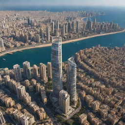 A transformation of the Beirut cityscape harmoniously merging with the distinct characteristics of Dubai, incorporating towering skyscrapers, extravagant architecture, and luxurious lifestyle elements.