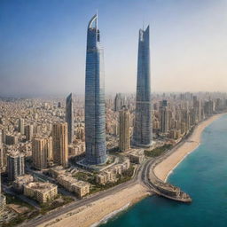 A transformation of the Beirut cityscape harmoniously merging with the distinct characteristics of Dubai, incorporating towering skyscrapers, extravagant architecture, and luxurious lifestyle elements.