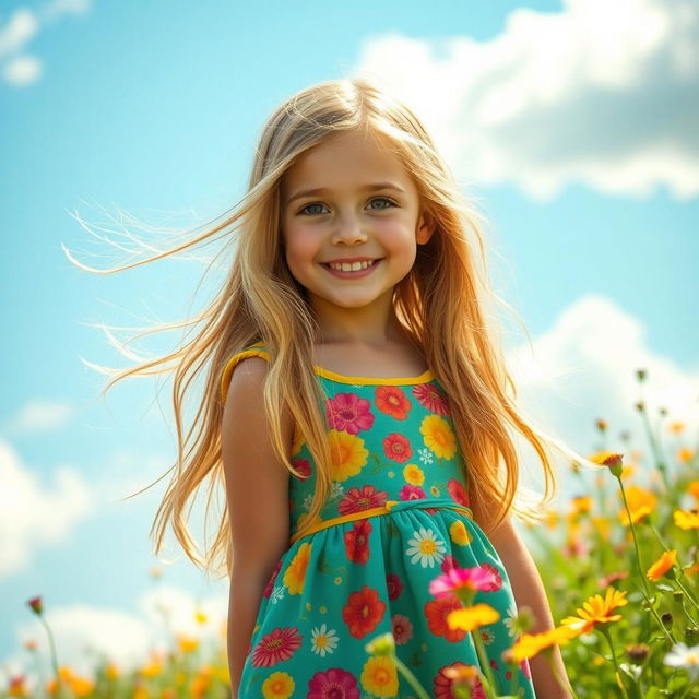 A stunningly beautiful young girl with long, flowing hair, wearing a vibrant dress that complements her radiant smile