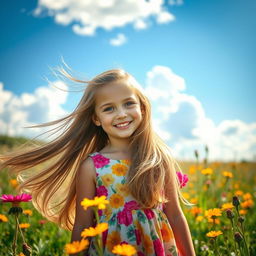 A stunningly beautiful young girl with long, flowing hair, wearing a vibrant dress that complements her radiant smile