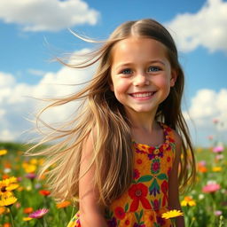 A stunningly beautiful young girl with long, flowing hair, wearing a vibrant dress that complements her radiant smile