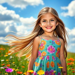 A stunningly beautiful young girl with long, flowing hair, wearing a vibrant dress that complements her radiant smile