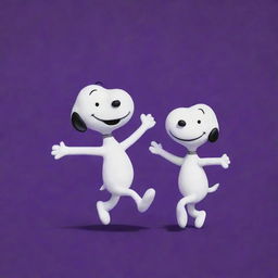 Anthropomorphic peanuts joyously dancing and laughing against a vibrant, deep purple background.