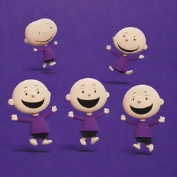 Anthropomorphic peanuts joyously dancing and laughing against a vibrant, deep purple background.