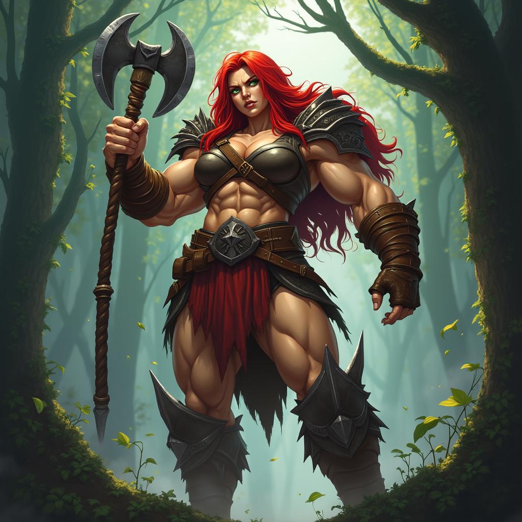 An anime-style depiction of Little Red Riding Hood humorously transformed into a massive and very buff Amazonian D&D barbarian woman, embodying strength and rage