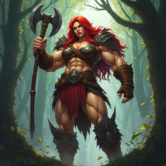 An anime-style depiction of Little Red Riding Hood humorously transformed into a massive and very buff Amazonian D&D barbarian woman, embodying strength and rage