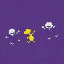 Anthropomorphic peanuts joyously dancing and laughing against a vibrant, deep purple background.