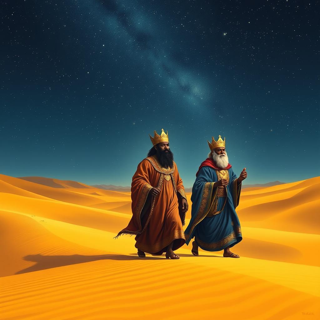 Three wise men, including a Black king, journeying through a vast desert under a beautifully starry sky