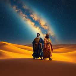 Three wise men, including a Black king, journeying through a vast desert under a beautifully starry sky