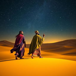 Three wise men, including a Black king, journeying through a vast desert under a beautifully starry sky