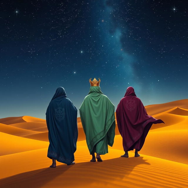 Three wise men, including a Black king, journeying through a vast desert under a beautifully starry sky