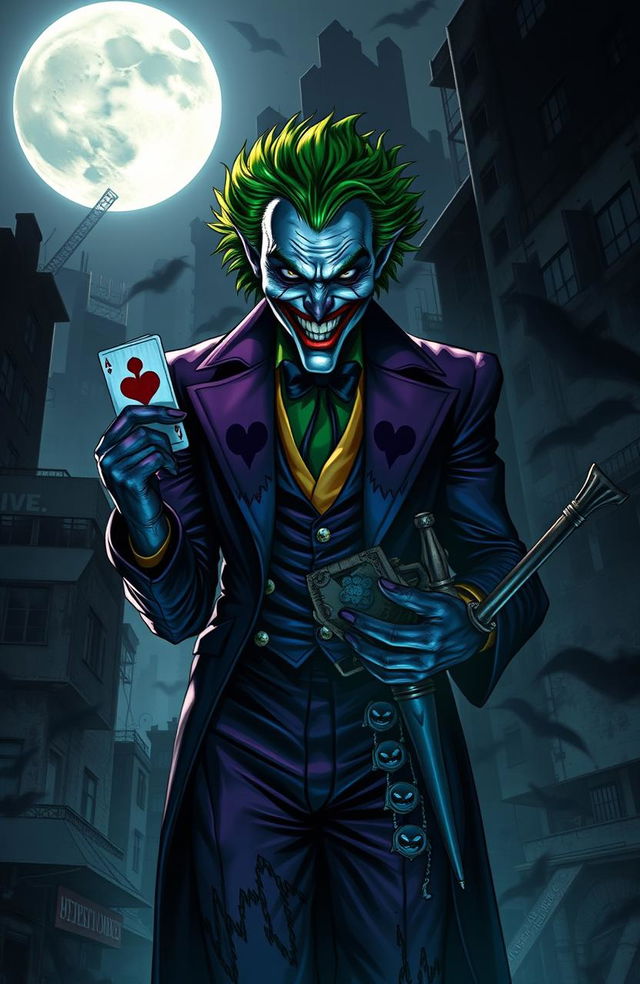 An evil version of Joker, standing in a dark, chaotic Gotham cityscape, surrounded by menacing shadows