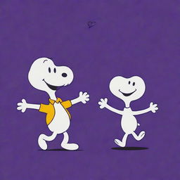 Anthropomorphic peanuts joyously dancing and laughing against a vibrant, deep purple background.