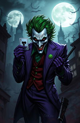 An evil version of Joker, standing in a dark, chaotic Gotham cityscape, surrounded by menacing shadows