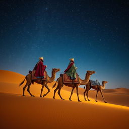 Three wise men on their camels journeying through a vast desert under a beautifully starry sky