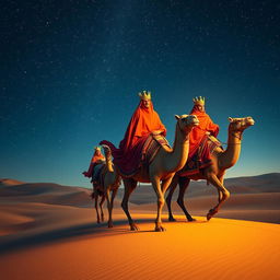 Three wise men on their camels journeying through a vast desert under a beautifully starry sky