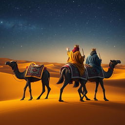 Three wise men on their camels journeying through a vast desert under a beautifully starry sky