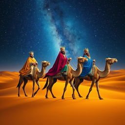 Three wise men on their camels journeying through a vast desert under a beautifully starry sky