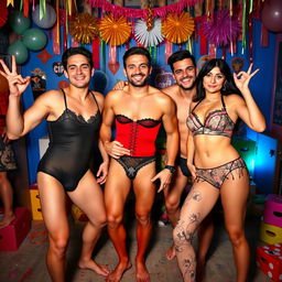 A lively scene featuring a group of men dressed in sexy lingerie, embracing a playful vibe